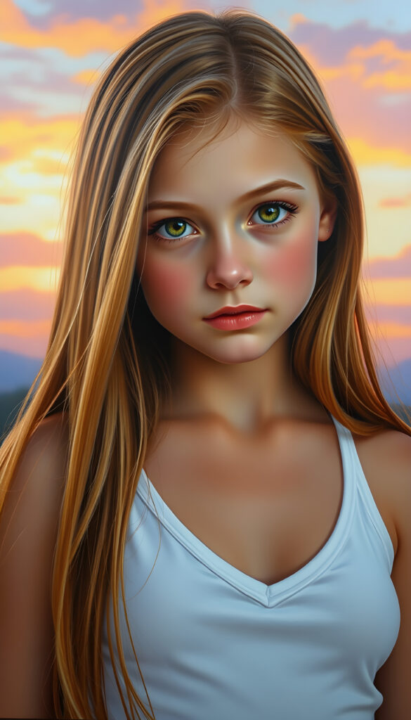 A stunning, highly detailed portrait of a cute and attractive young girl with long, straight copper-blond hair. Her eyes are a mesmerizing light amber, sparkling with a warm, inviting gaze. She wears a white, V-neck tank top that highlights her graceful, curved figure. The scene is bathed in soft, natural lighting, casting a gentle glow on her face and hair. The background features a serene, colorful sunset with hues of pink, orange, and purple, creating a dreamy, romantic atmosphere. The image is rendered in a hyper-realistic, vibrant style with intricate details, enhancing the visual appeal and warmth of the scene.