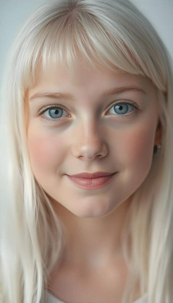 A stunning, high-resolution portrait of a beautiful young teen with flawless, silver-skinned complexion and long, silky white hair cascading down her shoulders. Her radiant face is framed by soft, delicate bangs, and her full lips curve into a gentle smile. Her large, expressive eyes sparkle with warmth as she gazes directly into the camera. The background is a pristine white, accentuating her ethereal beauty and creating a serene, dreamlike atmosphere. The lighting is soft and diffused, highlighting her delicate features and giving her skin a luminous glow. This close-up portrait captures her youthful charm and elegance in exquisite detail.