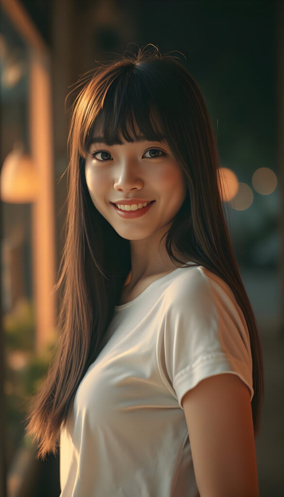 A stunning, highly detailed 8K portrait of a cute teenage girl with a perfect, curvy body and a warm smile. She has Korea-inspired bangs and straight, detailed maroon hair that cascades down her shoulders. Her face is ultra-realistic, with mesmerizing amber eyes that look directly at the viewer. She wears a crisp white short shirt that accentuates her figure. The lighting is warm and golden, casting deep, dramatic shadows that enhance her features. The image is saturated and vibrant, with a film grain texture that adds a nostalgic touch. The focus is sharp on her face and upper body, while the background is softly blurred, creating a beautiful depth of field effect.