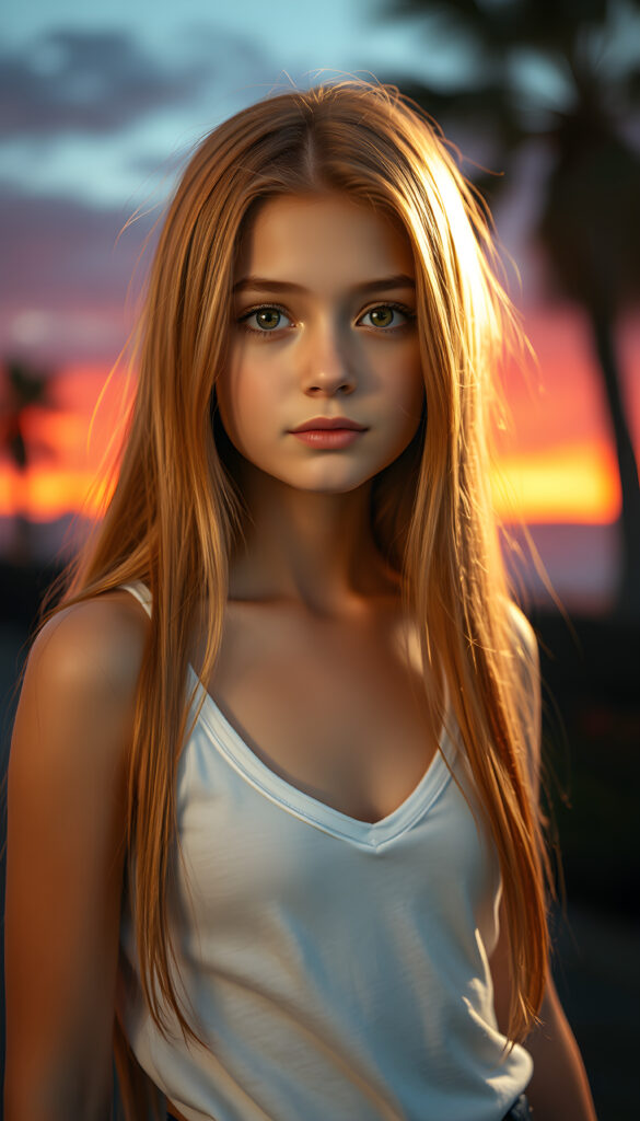 A stunning, highly detailed portrait of a cute and attractive young well busty girl with long, straight copper-blond hair. Her eyes are a mesmerizing light amber, sparkling with a warm, inviting gaze. She wears a white, V-neck tank top that highlights her graceful, curved figure. The scene is bathed in soft, natural lighting, casting a gentle glow on her face and hair. The background features a serene, colorful sunset with hues of pink, orange, and purple, creating a dreamy, romantic atmosphere. The image is rendered in a hyper-realistic, vibrant style with intricate details, enhancing the visual appeal and warmth of the scene.