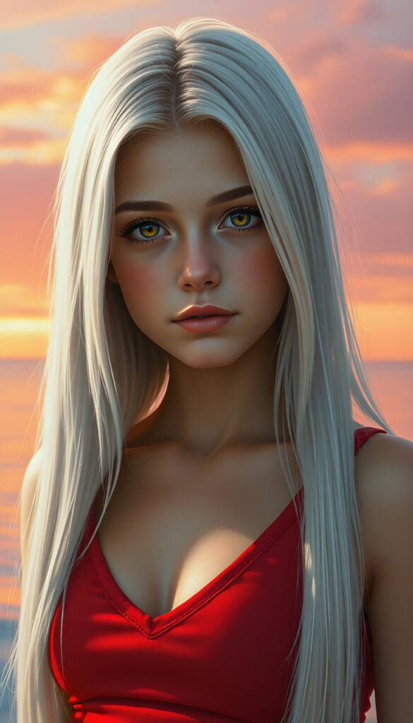 A stunning, highly detailed portrait of a cute and attractive young teen girl with long, straight white hair, same length left and right. Her eyes are a mesmerizing light amber, sparkling with a warm, inviting gaze. She wears a red, V-neck cropped tank top that highlights her graceful, curved figure. The scene is bathed in soft, natural lighting, casting a gentle glow on her face and hair. The background features a serene, colorful sunset with hues of pink, orange, and purple, creating a dreamy, romantic atmosphere. The image is rendered in a hyper-realistic, vibrant style with intricate details, enhancing the visual appeal and warmth of the scene.