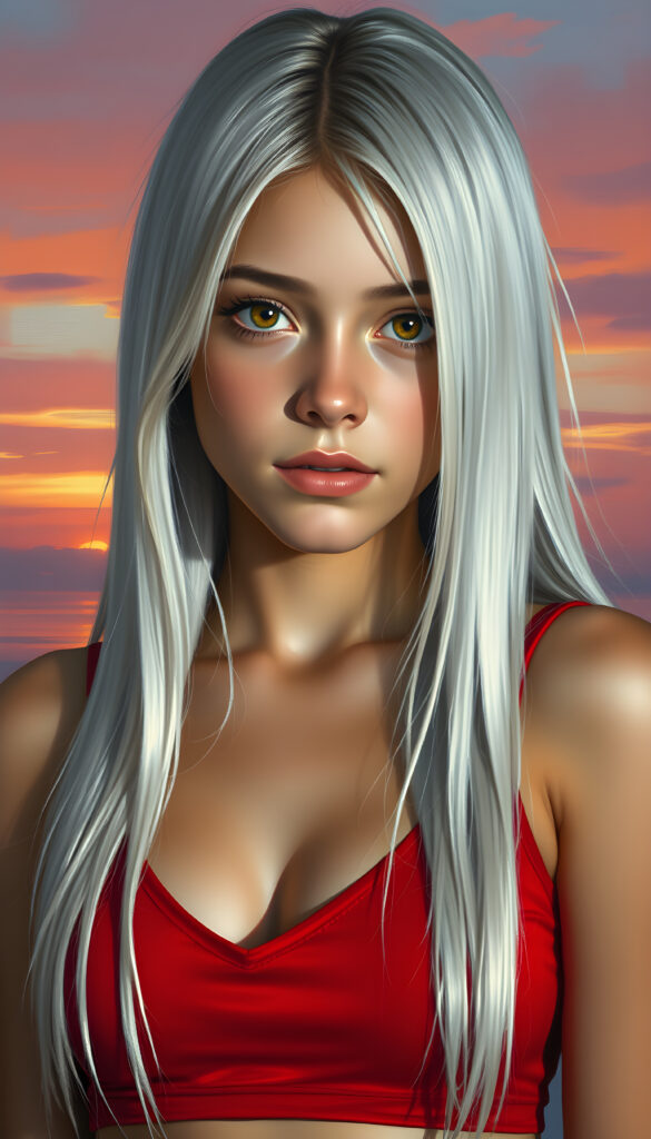 A stunning, highly detailed portrait of a cute and attractive young teen girl with long, straight white hair, same length left and right. Her eyes are a mesmerizing light amber, sparkling with a warm, inviting gaze. She wears a red, V-neck cropped tank top that highlights her graceful, curved figure. The scene is bathed in soft, natural lighting, casting a gentle glow on her face and hair. The background features a serene, colorful sunset with hues of pink, orange, and purple, creating a dreamy, romantic atmosphere. The image is rendered in a hyper-realistic, vibrant style with intricate details, enhancing the visual appeal and warmth of the scene.