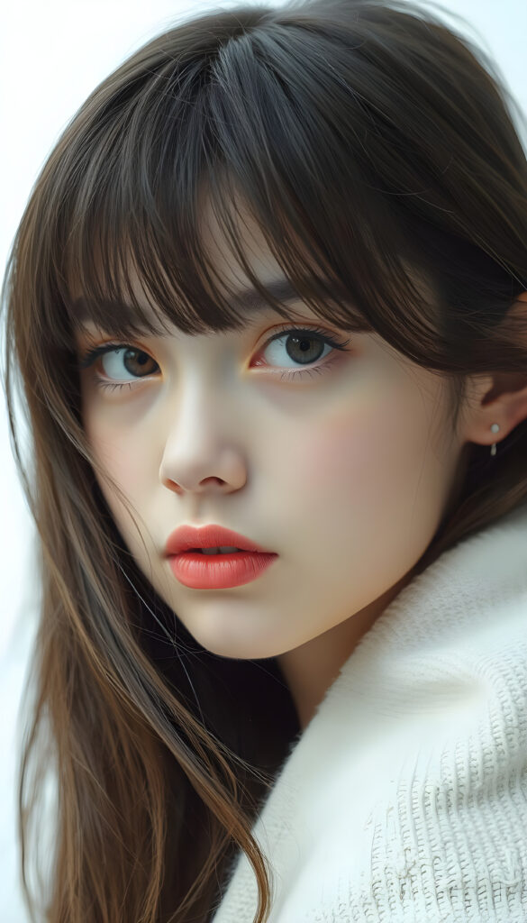 A stunning, highly detailed portrait of a beautiful young teenage girl with long, flowing obsidian hair and stylish bangs. Her lips are full and inviting, and her face is perfect and detailed. She gazes directly into the camera, her expression enigmatic and captivating. The image is a close-up, emphasizing her delicate features and the texture of her hair. The background is a pristine white, highlighting her natural beauty. The lighting is soft and flattering, casting gentle shadows that accentuate her facial structure. The overall composition is dynamic, with a slight side angle that adds depth and intrigue to the image.