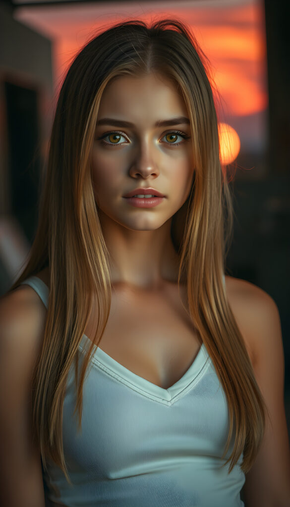A stunning, highly detailed portrait of a cute and attractive young well busty girl with long, straight copper-blond hair. Her eyes are a mesmerizing light amber, sparkling with a warm, inviting gaze. She wears a white, V-neck tank top that highlights her graceful, curved figure. The scene is bathed in soft, natural lighting, casting a gentle glow on her face and hair. The background features a serene, colorful sunset with hues of pink, orange, and purple, creating a dreamy, romantic atmosphere. The image is rendered in a hyper-realistic, vibrant style with intricate details, enhancing the visual appeal and warmth of the scene.