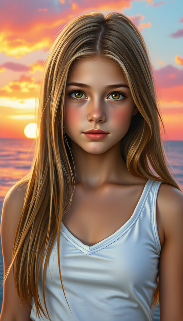 A stunning, highly detailed portrait of a cute and attractive young girl with long, straight copper-blond hair. Her eyes are a mesmerizing light amber, sparkling with a warm, inviting gaze. She wears a white, V-neck tank top that highlights her graceful, curved figure. The scene is bathed in soft, natural lighting, casting a gentle glow on her face and hair. The background features a serene, colorful sunset with hues of pink, orange, and purple, creating a dreamy, romantic atmosphere. The image is rendered in a hyper-realistic, vibrant style with intricate details, enhancing the visual appeal and warmth of the scene.