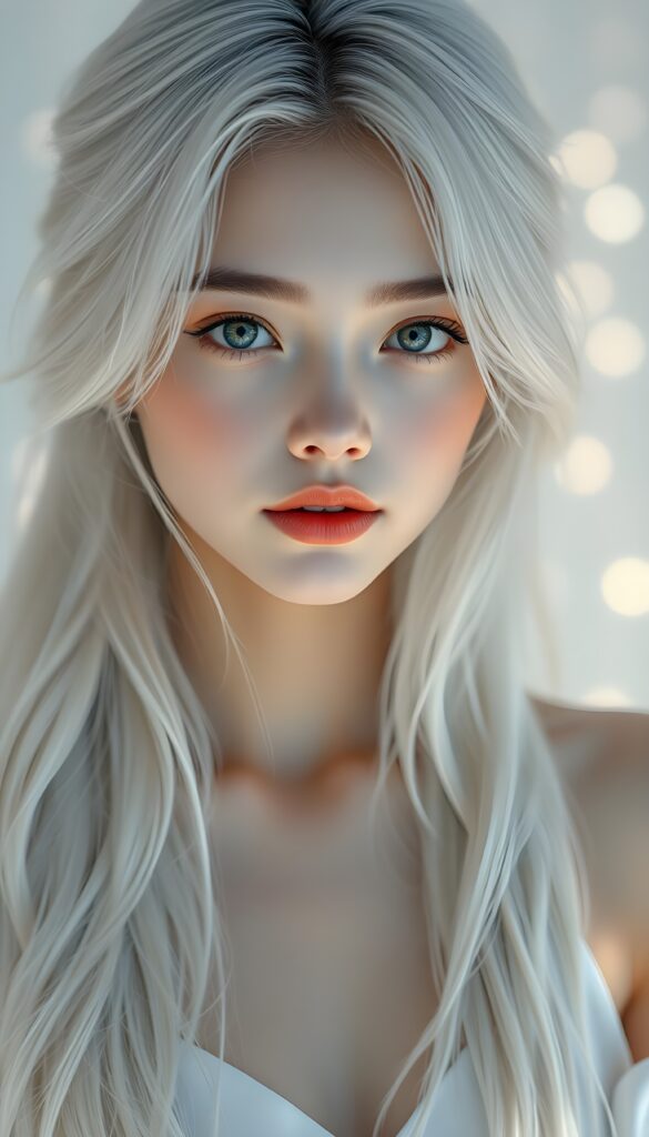 A stunning, high-resolution digital painting of a beautiful young girl with flawless, soft silver skin and long, perfect jet white hair that cascades down her back. Her eyes are large and sparkling, framed by delicate lashes, and her lips are full and pink. She gazes directly into the camera with a warm, inviting smile. The background is a soft gradient of white and pastel colors, creating a dreamy, ethereal atmosphere. The lighting is soft and diffused, highlighting her features and giving her skin a luminous glow. She is dressed in a simple, elegant white dress that complements her ethereal beauty. The composition is balanced, with her face centered and her hair artfully arranged to add depth and texture to the image. The overall style is a blend of realism and fantasy, making her appear both realistic and otherworldly.