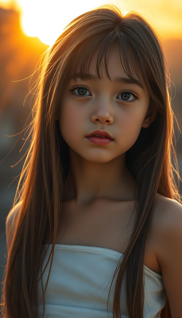 A stunning, hyper-detailed digital painting of a young girl with long, silky straight brown hair and golden highlights cascading down her back. She has a softly curved body and a round, angelic face with high cheekbones and almond-shaped eyes. Her natural, warm skin glows with a sun-kissed radiance, evoking innocence and youthful wonder. She wears a white dress, set against a vibrant, golden sunset backdrop with soft, warm lighting. View from the front.