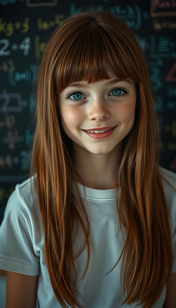 A stunning, hyper-realistic portrait of a young schoolgirl with vibrant, straight chestnut hair cascading over her shoulders in a bob cut. Her radiant, deep blue eyes sparkle with curiosity, framed by delicate bangs. Her flawless, luminous skin glows under soft, diffused lighting. She smiles warmly, wearing a simple white t-shirt that contrasts beautifully with her hair. In the background, a blackboard adorned with colorful, intricate mathematics formulas creates a dynamic, academic atmosphere. The composition combines elegance and intelligence, with a touch of whimsy and sophistication, making her appear both approachable and inspiring.