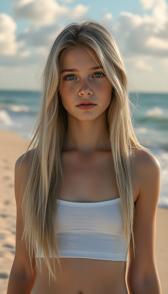 A stunning, hyper-detailed portrait of a young teen girl standing on a sunlit beach, her long, flowing straight soft white hair cascading down her shoulders. She wears a short, white tank top that highlights her slender figure, cute round belly button. Her natural blue eyes sparkle with confidence as she gazes directly at the viewer. The scene is bathed in warm, golden sunlight, casting a gentle glow on her flawless skin. The background features a serene, sandy beach with gentle waves lapping at the shore, and a clear blue sky with soft, fluffy clouds. The overall composition exudes a sense of tranquility and youthful energy.