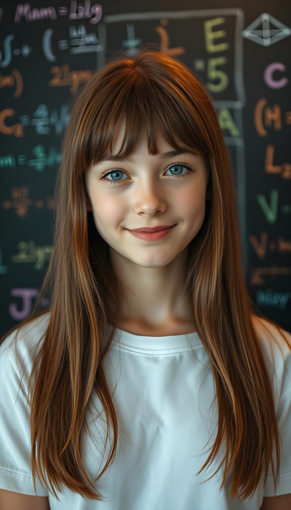 A stunning, hyper-realistic portrait of a young schoolgirl with vibrant, straight chestnut hair cascading over her shoulders in a bob cut. Her radiant, deep blue eyes sparkle with curiosity, framed by delicate bangs. Her flawless, luminous skin glows under soft, diffused lighting. She smiles warmly, wearing a simple white t-shirt that contrasts beautifully with her hair. In the background, a blackboard adorned with colorful, intricate mathematics formulas creates a dynamic, academic atmosphere. The composition combines elegance and intelligence, with a touch of whimsy and sophistication, making her appear both approachable and inspiring.