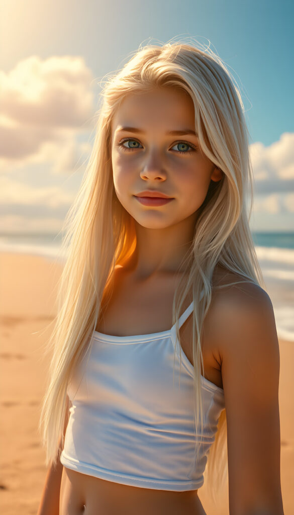 A stunning, hyper-detailed illustration of a young girl standing on a sunlit beach, her long, flowing white hair cascading down her shoulders. She wears a short, white tank top that highlights her slender figure. Her natural blue eyes sparkle with confidence as she gazes directly at the viewer. The scene is bathed in warm, golden sunlight, casting a gentle glow on her flawless skin. The background features a serene, sandy beach with gentle waves lapping at the shore, and a clear blue sky with soft, fluffy clouds. The overall composition exudes a sense of tranquility and youthful energy.