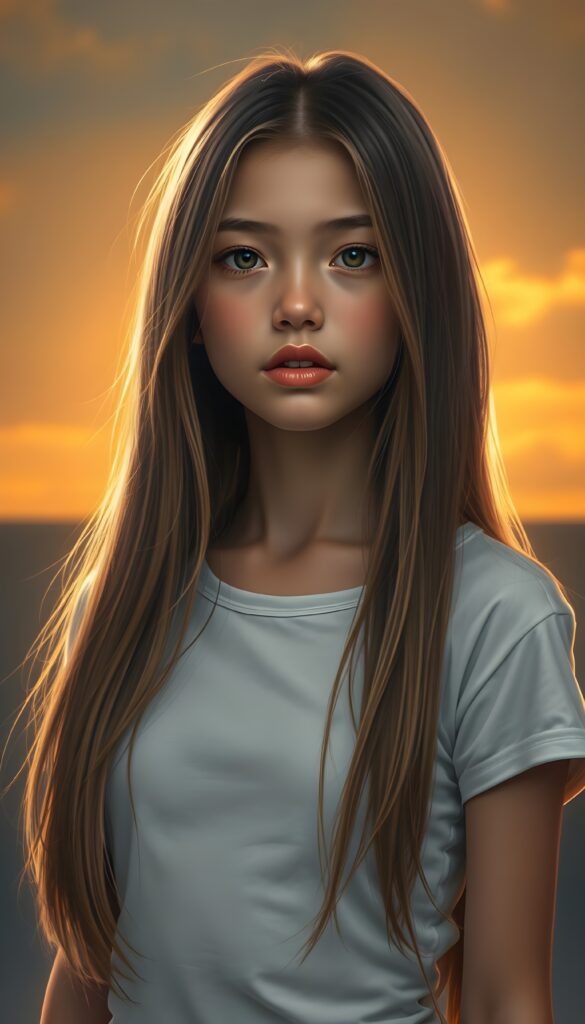 A stunning, hyper-detailed digital painting of a young girl with long, silky straight brown hair and golden highlights cascading down her back. She has a softly curved body and a round, angelic face with high cheekbones and almond-shaped eyes. Her natural, warm skin glows with a sun-kissed radiance, evoking innocence and youthful wonder. She wears a white dress, set against a vibrant, golden sunset backdrop with soft, warm lighting. View from the front.