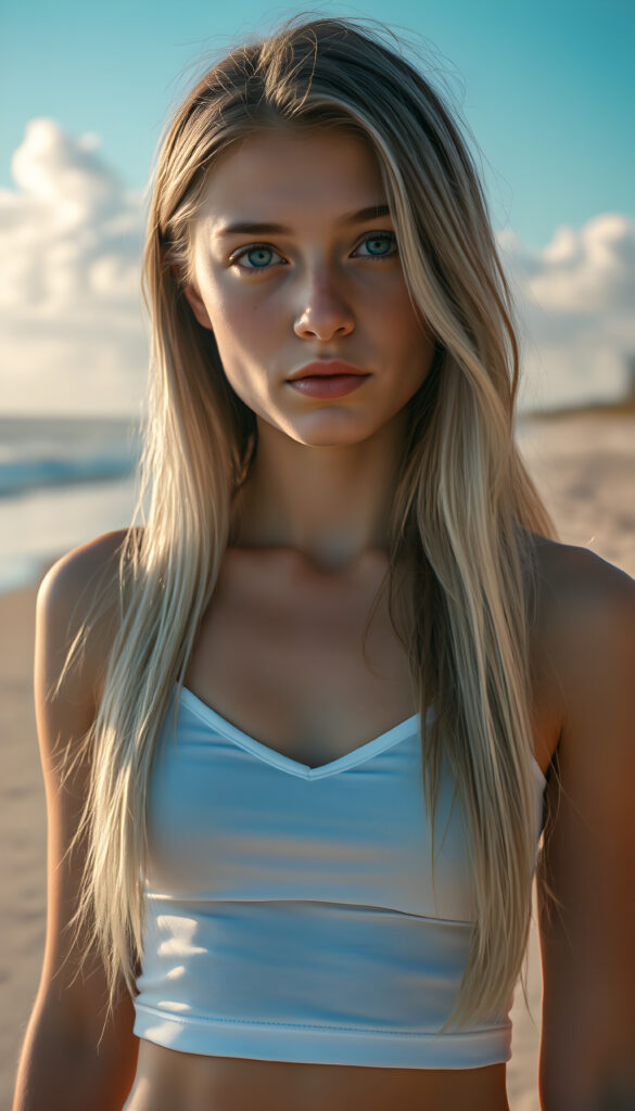 A stunning, hyper-detailed portrait of a young well busty teen girl standing on a sunlit beach, her long, flowing straight soft white hair with brown highlights cascading down her shoulders. She wears a short, white tank top that highlights her slender figure with a deep v-neck, cute round belly button. Her natural blue eyes sparkle with confidence as she gazes directly at the viewer. The scene is bathed in warm, golden sunlight, casting a gentle glow on her flawless skin. The background features a serene, sandy beach with gentle waves lapping at the shore, and a clear blue sky with soft, fluffy clouds. The overall composition exudes a sense of tranquility and youthful energy.