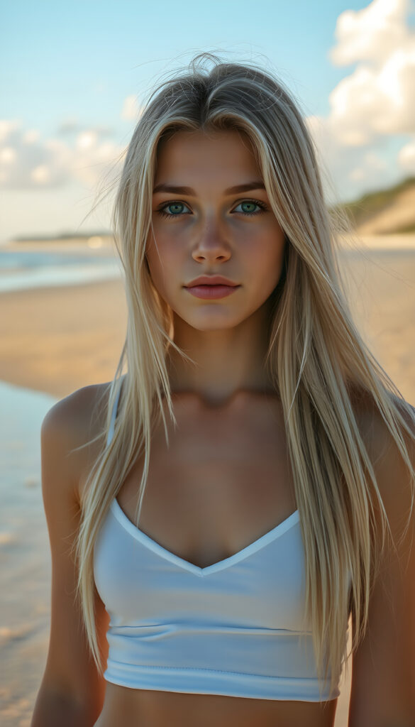 A stunning, hyper-detailed portrait of a young well busty teen girl standing on a sunlit beach, her long, flowing straight soft white hair with brown highlights cascading down her shoulders. She wears a short, white tank top that highlights her slender figure with a deep v-neck, cute round belly button. Her natural blue eyes sparkle with confidence as she gazes directly at the viewer. The scene is bathed in warm, golden sunlight, casting a gentle glow on her flawless skin. The background features a serene, sandy beach with gentle waves lapping at the shore, and a clear blue sky with soft, fluffy clouds. The overall composition exudes a sense of tranquility and youthful energy.