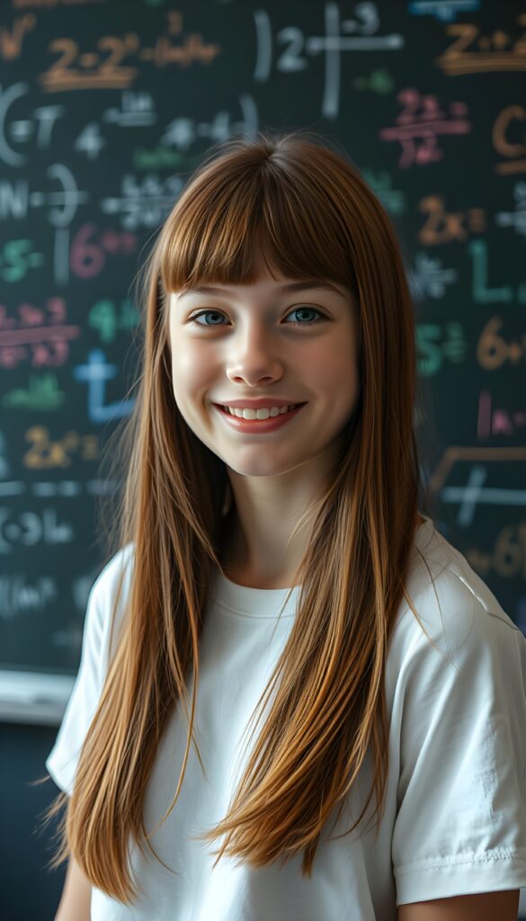 A stunning, hyper-realistic portrait of a young schoolgirl with vibrant, straight chestnut hair cascading over her shoulders in a bob cut. Her radiant, deep blue eyes sparkle with curiosity, framed by delicate bangs. Her flawless, luminous skin glows under soft, diffused lighting. She smiles warmly, wearing a simple white t-shirt that contrasts beautifully with her hair. In the background, a blackboard adorned with colorful, intricate mathematics formulas creates a dynamic, academic atmosphere. The composition combines elegance and intelligence, with a touch of whimsy and sophistication, making her appear both approachable and inspiring.
