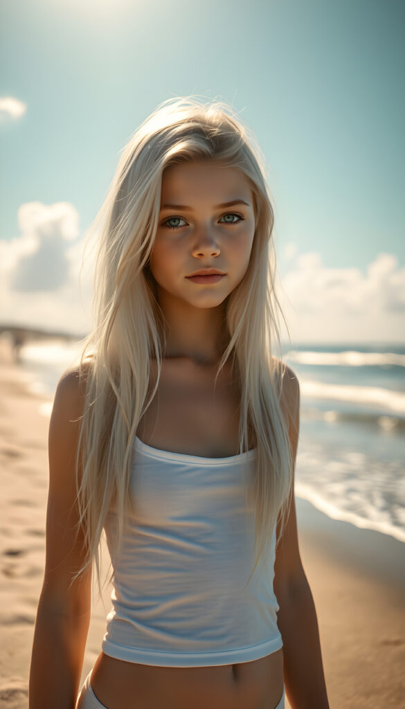 A stunning, hyper-detailed illustration of a young girl standing on a sunlit beach, her long, flowing white hair cascading down her shoulders. She wears a short, white tank top that highlights her slender figure. Her natural blue eyes sparkle with confidence as she gazes directly at the viewer. The scene is bathed in warm, golden sunlight, casting a gentle glow on her flawless skin. The background features a serene, sandy beach with gentle waves lapping at the shore, and a clear blue sky with soft, fluffy clouds. The overall composition exudes a sense of tranquility and youthful energy.