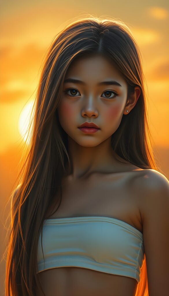 A stunning, hyper-detailed digital painting of a young girl with long, silky straight brown hair and golden highlights cascading down her back. She has a softly curved body and a round, angelic face with high cheekbones and almond-shaped eyes. Her natural, warm skin glows with a sun-kissed radiance, evoking innocence and youthful wonder. She wears a white dress, set against a vibrant, golden sunset backdrop with soft, warm lighting. View from the front.