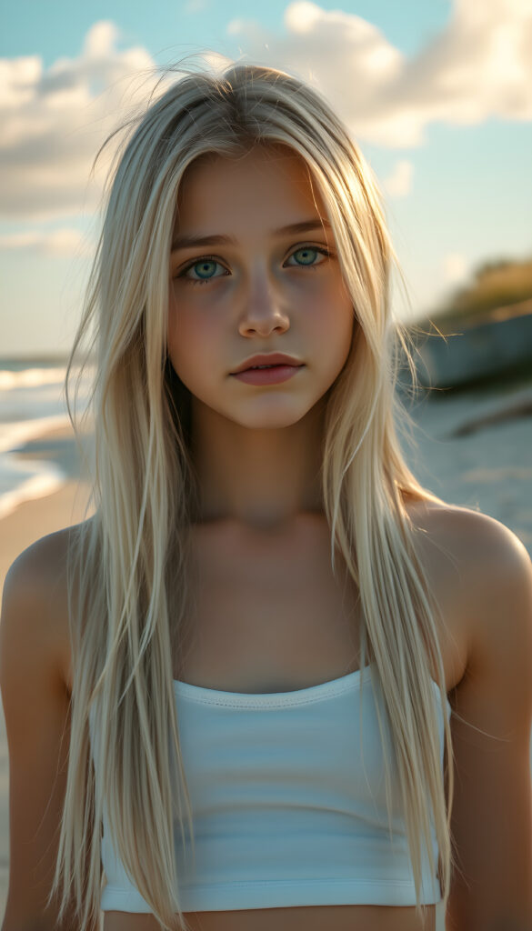 A stunning, hyper-detailed portrait of a young teen girl standing on a sunlit beach, her long, flowing straight soft white hair cascading down her shoulders. She wears a short, white tank top that highlights her slender figure, cute round belly button. Her natural blue eyes sparkle with confidence as she gazes directly at the viewer. The scene is bathed in warm, golden sunlight, casting a gentle glow on her flawless skin. The background features a serene, sandy beach with gentle waves lapping at the shore, and a clear blue sky with soft, fluffy clouds. The overall composition exudes a sense of tranquility and youthful energy.