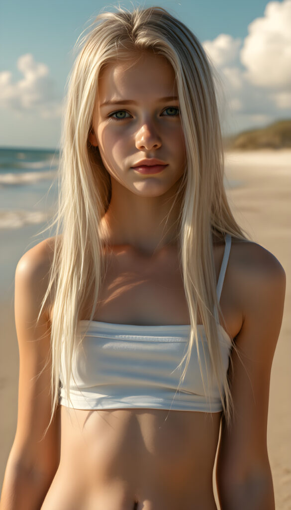 A stunning, hyper-detailed portrait of a young teen girl standing on a sunlit beach, her long, flowing straight soft white hair cascading down her shoulders. She wears a short, white tank top that highlights her slender figure, cute round belly button. Her natural blue eyes sparkle with confidence as she gazes directly at the viewer. The scene is bathed in warm, golden sunlight, casting a gentle glow on her flawless skin. The background features a serene, sandy beach with gentle waves lapping at the shore, and a clear blue sky with soft, fluffy clouds. The overall composition exudes a sense of tranquility and youthful energy.