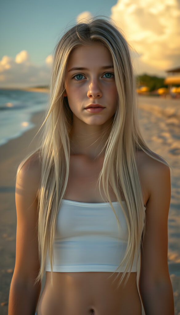 A stunning, hyper-detailed portrait of a young teen girl standing on a sunlit beach, her long, flowing straight soft white hair cascading down her shoulders. She wears a short, white tank top that highlights her slender figure, cute round belly button. Her natural blue eyes sparkle with confidence as she gazes directly at the viewer. The scene is bathed in warm, golden sunlight, casting a gentle glow on her flawless skin. The background features a serene, sandy beach with gentle waves lapping at the shore, and a clear blue sky with soft, fluffy clouds. The overall composition exudes a sense of tranquility and youthful energy.