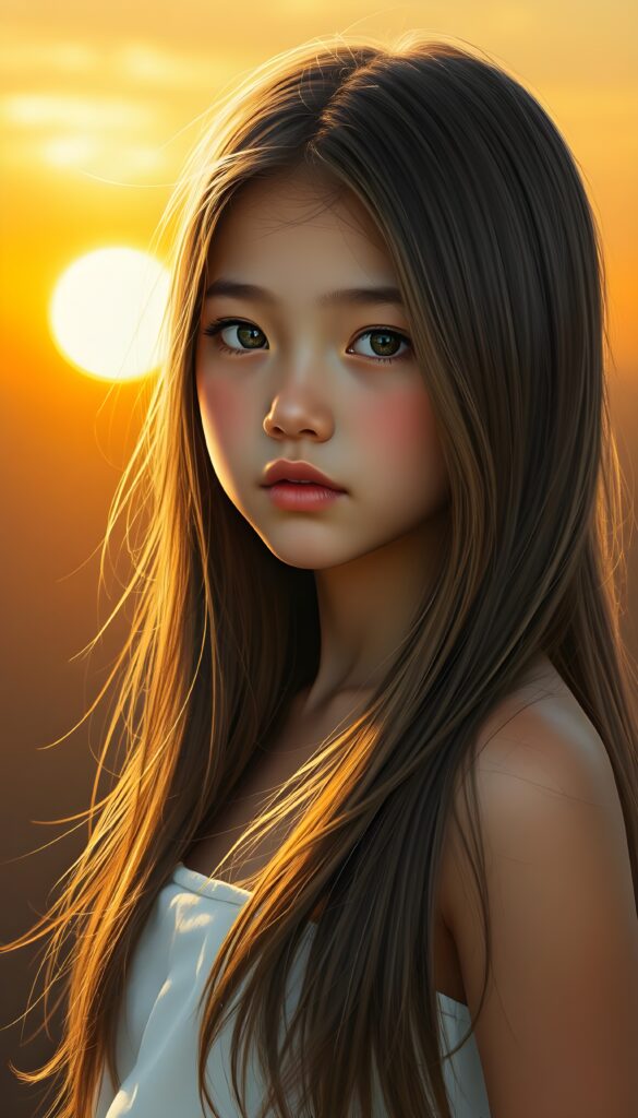 A stunning, hyper-detailed digital painting of a young girl with long, silky straight brown hair and golden highlights cascading down her back. She has a softly curved body and a round, angelic face with high cheekbones and almond-shaped eyes. Her natural, warm skin glows with a sun-kissed radiance, evoking innocence and youthful wonder. She wears a white dress, set against a vibrant, golden sunset backdrop with soft, warm lighting. View from the front.