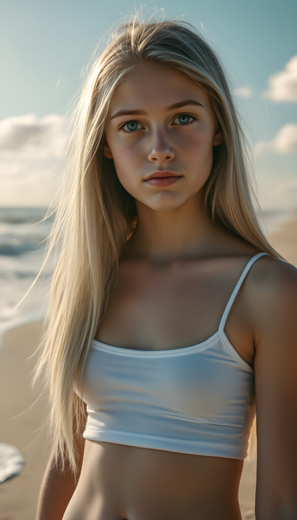 A stunning, hyper-detailed portrait of a young teen girl standing on a sunlit beach, her long, flowing straight soft white hair cascading down her shoulders. She wears a short, white tank top that highlights her slender figure, cute round belly button. Her natural blue eyes sparkle with confidence as she gazes directly at the viewer. The scene is bathed in warm, golden sunlight, casting a gentle glow on her flawless skin. The background features a serene, sandy beach with gentle waves lapping at the shore, and a clear blue sky with soft, fluffy clouds. The overall composition exudes a sense of tranquility and youthful energy.