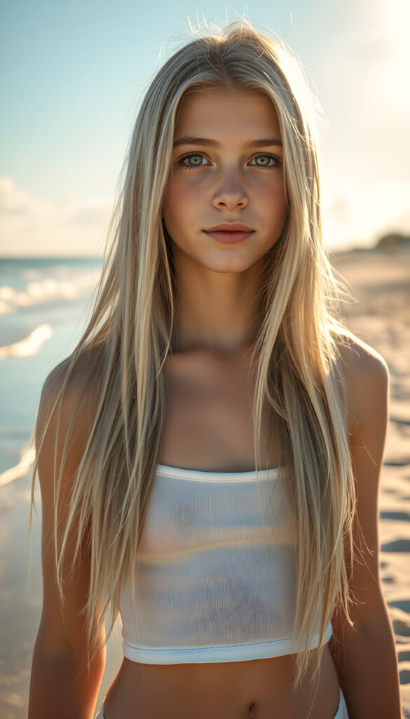 A stunning, hyper-detailed portrait of a young teen girl standing on a sunlit beach, her long, flowing straight soft white hair cascading down her shoulders. She wears a short, white tank top that highlights her slender figure, cute round belly button. Her natural blue eyes sparkle with confidence as she gazes directly at the viewer. The scene is bathed in warm, golden sunlight, casting a gentle glow on her flawless skin. The background features a serene, sandy beach with gentle waves lapping at the shore, and a clear blue sky with soft, fluffy clouds. The overall composition exudes a sense of tranquility and youthful energy.