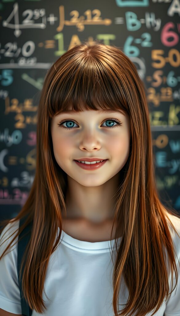 A stunning, hyper-realistic portrait of a young schoolgirl with vibrant, straight chestnut hair cascading over her shoulders in a bob cut. Her radiant, deep blue eyes sparkle with curiosity, framed by delicate bangs. Her flawless, luminous skin glows under soft, diffused lighting. She smiles warmly, wearing a simple white t-shirt that contrasts beautifully with her hair. In the background, a blackboard adorned with colorful, intricate mathematics formulas creates a dynamic, academic atmosphere. The composition combines elegance and intelligence, with a touch of whimsy and sophistication, making her appear both approachable and inspiring.