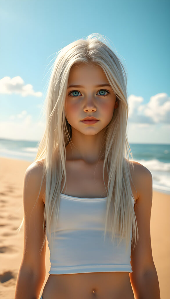 A stunning, hyper-detailed illustration of a young girl standing on a sunlit beach, her long, flowing white hair cascading down her shoulders. She wears a short, white tank top that highlights her slender figure. Her natural blue eyes sparkle with confidence as she gazes directly at the viewer. The scene is bathed in warm, golden sunlight, casting a gentle glow on her flawless skin. The background features a serene, sandy beach with gentle waves lapping at the shore, and a clear blue sky with soft, fluffy clouds. The overall composition exudes a sense of tranquility and youthful energy.