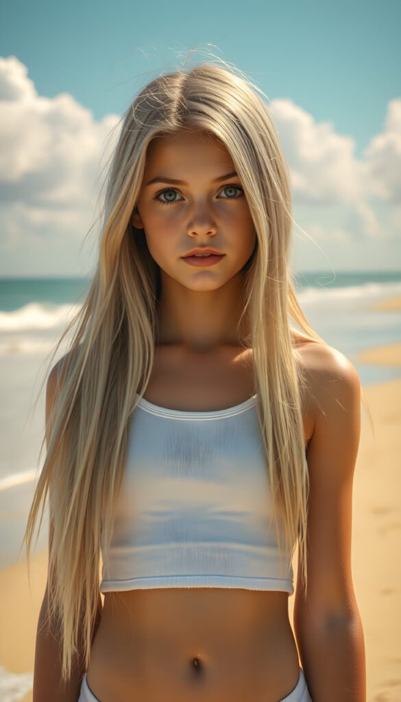 A stunning, hyper-detailed portrait of a young teen girl standing on a sunlit beach, her long, flowing straight soft white hair cascading down her shoulders. She wears a short, white tank top that highlights her slender figure, cute round belly button. Her natural blue eyes sparkle with confidence as she gazes directly at the viewer. The scene is bathed in warm, golden sunlight, casting a gentle glow on her flawless skin. The background features a serene, sandy beach with gentle waves lapping at the shore, and a clear blue sky with soft, fluffy clouds. The overall composition exudes a sense of tranquility and youthful energy.