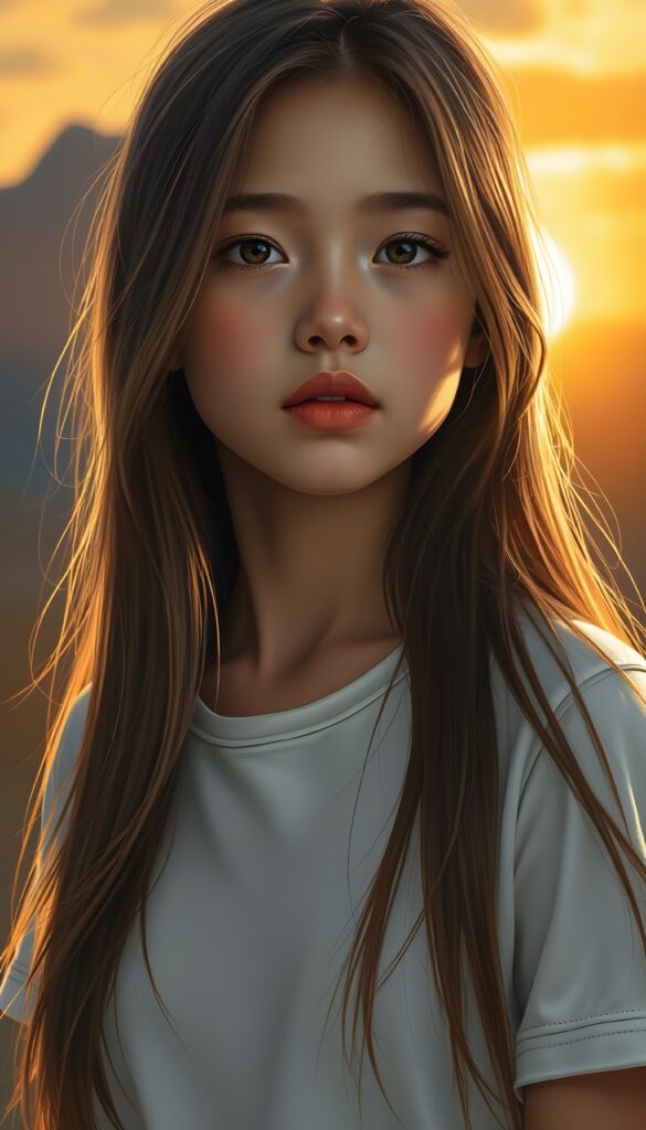 A stunning, hyper-detailed digital painting of a young girl with long, silky straight brown hair and golden highlights cascading down her back. She has a softly curved body and a round, angelic face with high cheekbones and almond-shaped eyes. Her natural, warm skin glows with a sun-kissed radiance, evoking innocence and youthful wonder. She wears a white dress, set against a vibrant, golden sunset backdrop with soft, warm lighting. View from the front.