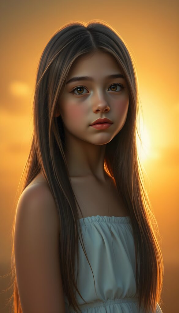A stunning, hyper-detailed digital painting of a young girl with long, silky straight brown hair and golden highlights cascading down her back. She has a softly curved body and a round, angelic face with high cheekbones and almond-shaped eyes. Her natural, warm skin glows with a sun-kissed radiance, evoking innocence and youthful wonder. She wears a white dress, set against a vibrant, golden sunset backdrop with soft, warm lighting. View from the front.
