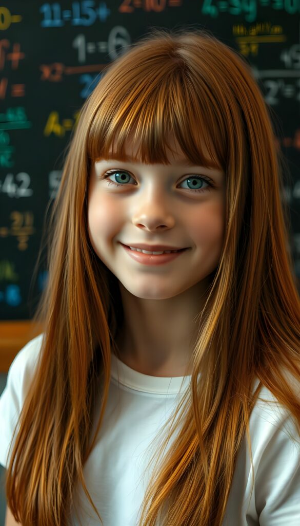 A stunning, hyper-realistic portrait of a young schoolgirl with vibrant, straight chestnut hair cascading over her shoulders in a bob cut. Her radiant, deep blue eyes sparkle with curiosity, framed by delicate bangs. Her flawless, luminous skin glows under soft, diffused lighting. She smiles warmly, wearing a simple white t-shirt that contrasts beautifully with her hair. In the background, a blackboard adorned with colorful, intricate mathematics formulas creates a dynamic, academic atmosphere. The composition combines elegance and intelligence, with a touch of whimsy and sophistication, making her appear both approachable and inspiring.