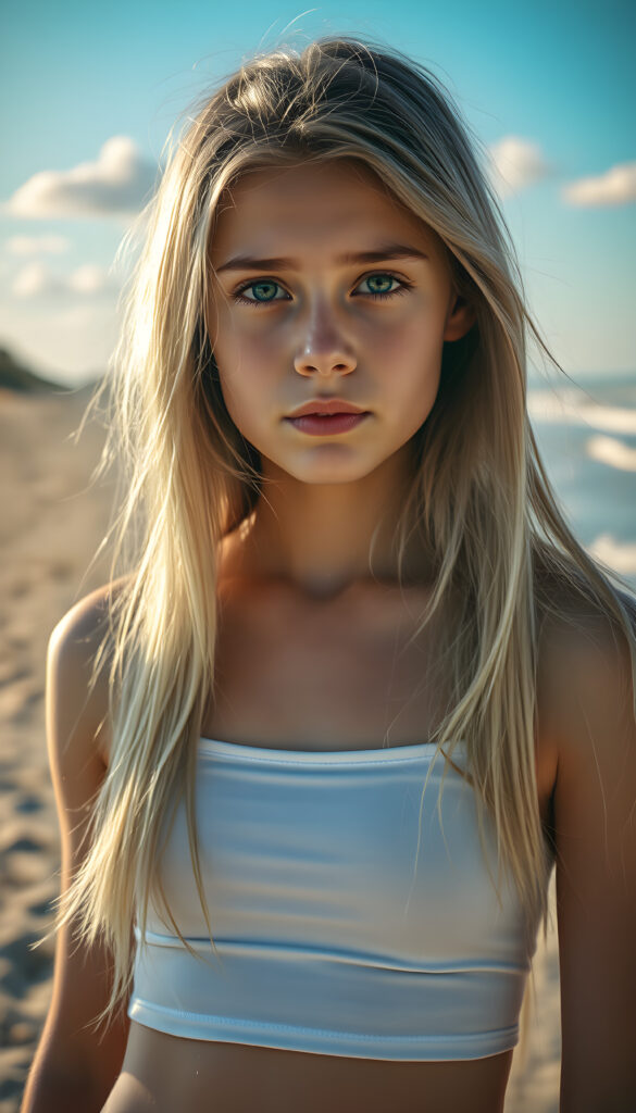 A stunning, hyper-detailed portrait of a young teen girl standing on a sunlit beach, her long, flowing straight soft white hair cascading down her shoulders. She wears a short, white tank top that highlights her slender figure, cute round belly button. Her natural blue eyes sparkle with confidence as she gazes directly at the viewer. The scene is bathed in warm, golden sunlight, casting a gentle glow on her flawless skin. The background features a serene, sandy beach with gentle waves lapping at the shore, and a clear blue sky with soft, fluffy clouds. The overall composition exudes a sense of tranquility and youthful energy.