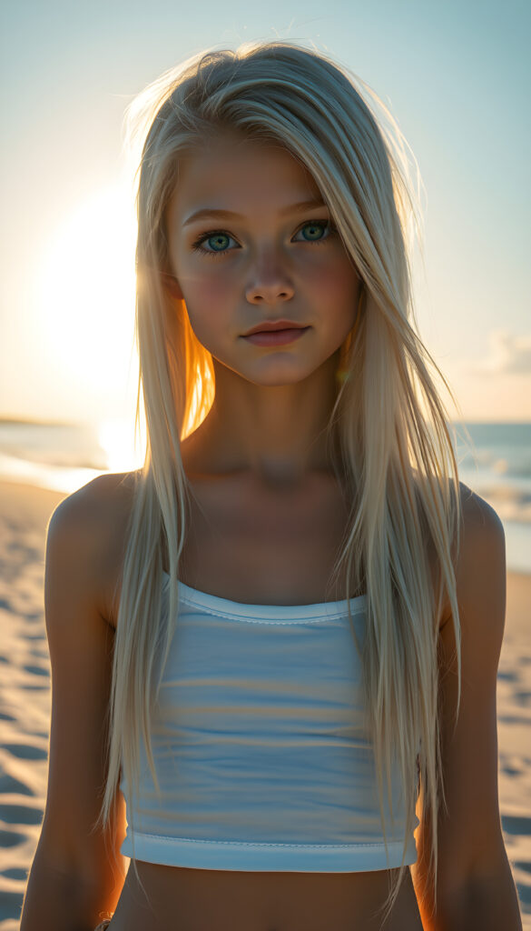 A stunning, hyper-detailed illustration of a young girl standing on a sunlit beach, her long, flowing white hair cascading down her shoulders. She wears a short, white tank top that highlights her slender figure. Her natural blue eyes sparkle with confidence as she gazes directly at the viewer. The scene is bathed in warm, golden sunlight, casting a gentle glow on her flawless skin. The background features a serene, sandy beach with gentle waves lapping at the shore, and a clear blue sky with soft, fluffy clouds. The overall composition exudes a sense of tranquility and youthful energy.