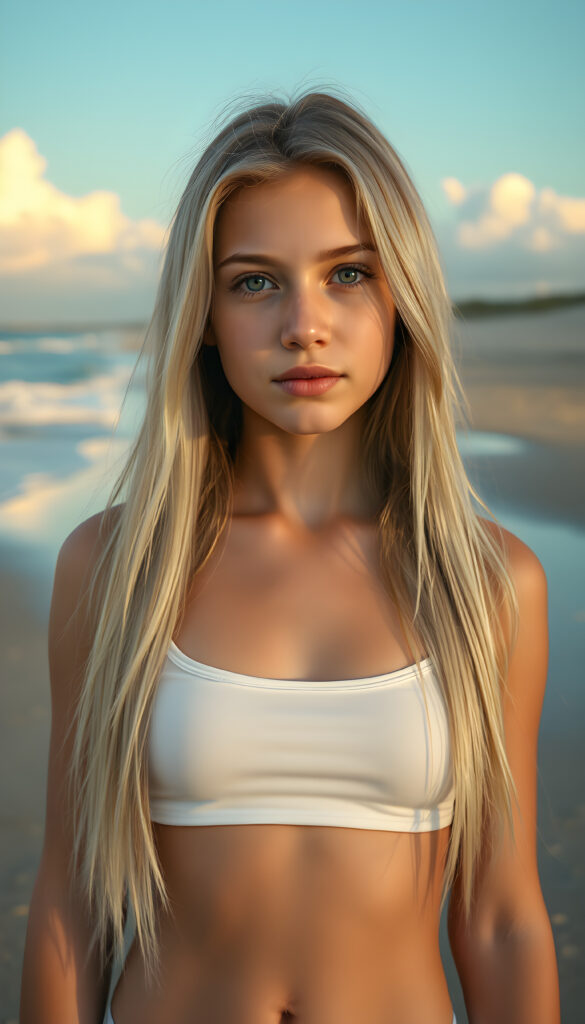 A stunning, hyper-detailed portrait of a young teen girl standing on a sunlit beach, her long, flowing straight soft white hair cascading down her shoulders. She wears a short, white tank top that highlights her slender figure, cute round belly button. Her natural blue eyes sparkle with confidence as she gazes directly at the viewer. The scene is bathed in warm, golden sunlight, casting a gentle glow on her flawless skin. The background features a serene, sandy beach with gentle waves lapping at the shore, and a clear blue sky with soft, fluffy clouds. The overall composition exudes a sense of tranquility and youthful energy.
