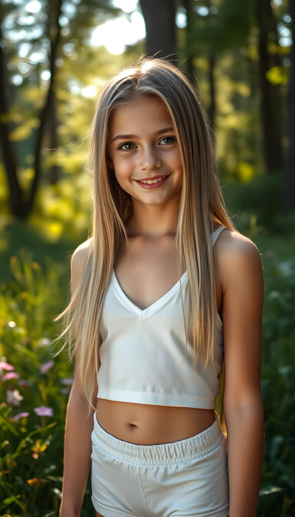 A stunning, hyper-realistic portrait of a young girl with long, straight blonde hair cascading down her shoulders same length right and left, wearing a stylish, white deep V-neck sport cropped tank top and short shorts. She stands confidently in a lush, sunlit forest clearing, surrounded by vibrant greenery and wildflowers. The soft, golden light filters through the trees, casting a warm glow on her face and highlighting her flawless complexion. The composition emphasizes her graceful pose and radiant smile, capturing the essence of youthful beauty and vitality.