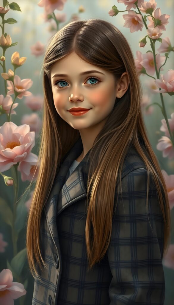 A stunning illustration inspired by Pierre-Auguste Renoir, depicting an enchanting young girl of 8 in the 1930s, with long, straight, silky brown hair adorned with golden highlights reach to her schoulder. She's wearing a luxurious, long coat featuring a classic pied de poule pattern. The scene is set against a whimsical garden backdrop filled with blooming flowers, each petal rendered in vivid pastel hues. The girl's playful expression and the overall composition exude a sense of joy and innocence, with soft, warm lighting that accentuates the intricate details. The artwork achieves a breathtaking 8K resolution, showcasing a harmonious blend of realism and artistic flair.