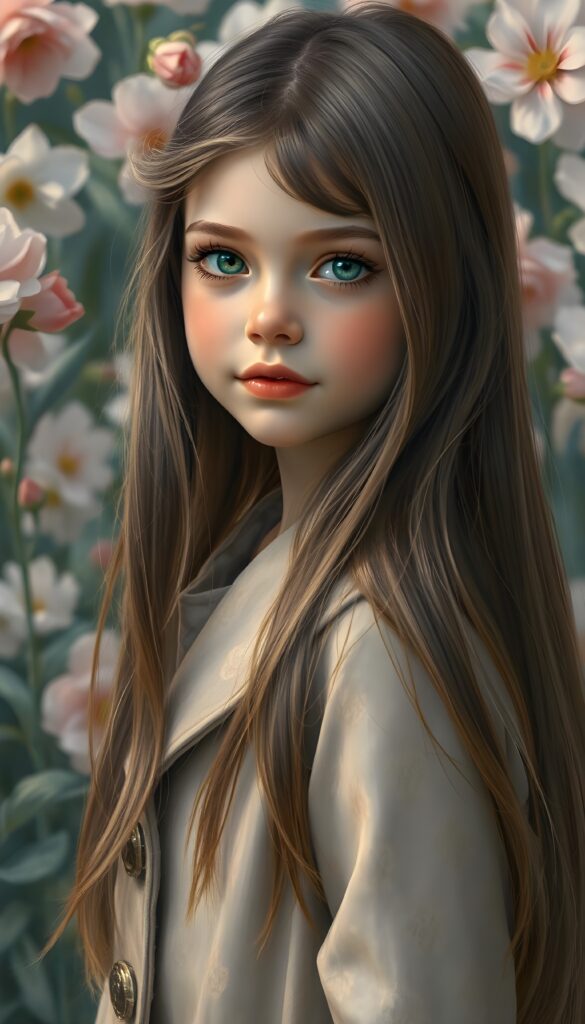 A stunning illustration inspired by Pierre-Auguste Renoir, depicting an enchanting young girl of 8 in the 1930s, with long, straight, silky brown hair adorned with golden highlights reach to her schoulder. She's wearing a luxurious, long coat featuring a classic pied de poule pattern. The scene is set against a whimsical garden backdrop filled with blooming flowers, each petal rendered in vivid pastel hues. The girl's playful expression and the overall composition exude a sense of joy and innocence, with soft, warm lighting that accentuates the intricate details. The artwork achieves a breathtaking 8K resolution, showcasing a harmonious blend of realism and artistic flair.
