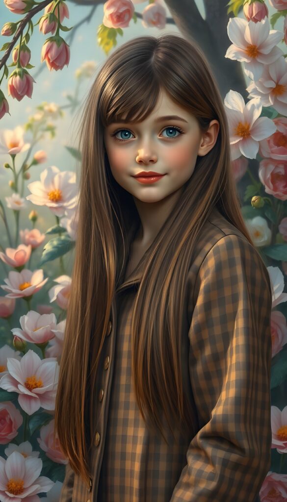 A stunning illustration inspired by Pierre-Auguste Renoir, depicting an enchanting young girl of 8 in the 1930s, with long, straight, silky brown hair adorned with golden highlights reach to her schoulder. She's wearing a luxurious, long coat featuring a classic pied de poule pattern. The scene is set against a whimsical garden backdrop filled with blooming flowers, each petal rendered in vivid pastel hues. The girl's playful expression and the overall composition exude a sense of joy and innocence, with soft, warm lighting that accentuates the intricate details. The artwork achieves a breathtaking 8K resolution, showcasing a harmonious blend of realism and artistic flair.
