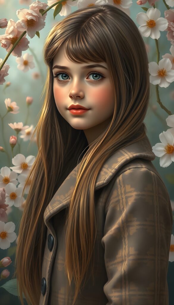 A stunning illustration inspired by Pierre-Auguste Renoir, depicting an enchanting young girl of 8 in the 1930s, with long, straight, silky brown hair adorned with golden highlights reach to her schoulder. She's wearing a luxurious, long coat featuring a classic pied de poule pattern. The scene is set against a whimsical garden backdrop filled with blooming flowers, each petal rendered in vivid pastel hues. The girl's playful expression and the overall composition exude a sense of joy and innocence, with soft, warm lighting that accentuates the intricate details. The artwork achieves a breathtaking 8K resolution, showcasing a harmonious blend of realism and artistic flair.
