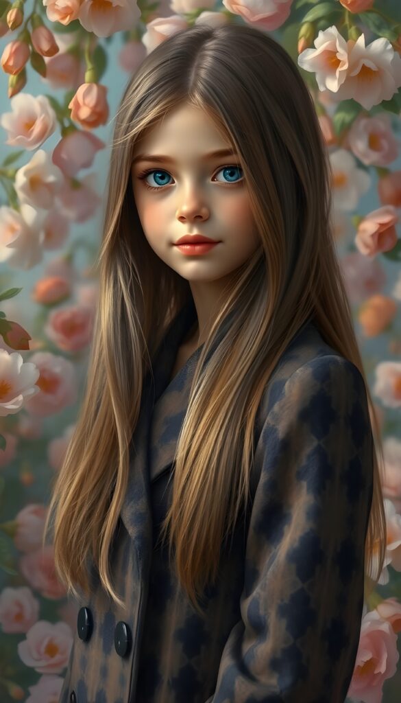 A stunning illustration inspired by Pierre-Auguste Renoir, depicting an enchanting young girl of 8 in the 1930s, with long, straight, silky brown hair adorned with golden highlights reach to her schoulder. She's wearing a luxurious, long coat featuring a classic pied de poule pattern. The scene is set against a whimsical garden backdrop filled with blooming flowers, each petal rendered in vivid pastel hues. The girl's playful expression and the overall composition exude a sense of joy and innocence, with soft, warm lighting that accentuates the intricate details. The artwork achieves a breathtaking 8K resolution, showcasing a harmonious blend of realism and artistic flair.