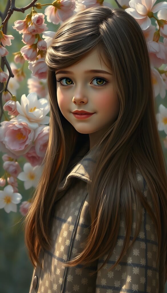 A stunning illustration inspired by Pierre-Auguste Renoir, depicting an enchanting young girl of 8 in the 1930s, with long, straight, silky brown hair adorned with golden highlights reach to her schoulder. She's wearing a luxurious, long coat featuring a classic pied de poule pattern. The scene is set against a whimsical garden backdrop filled with blooming flowers, each petal rendered in vivid pastel hues. The girl's playful expression and the overall composition exude a sense of joy and innocence, with soft, warm lighting that accentuates the intricate details. The artwork achieves a breathtaking 8K resolution, showcasing a harmonious blend of realism and artistic flair.