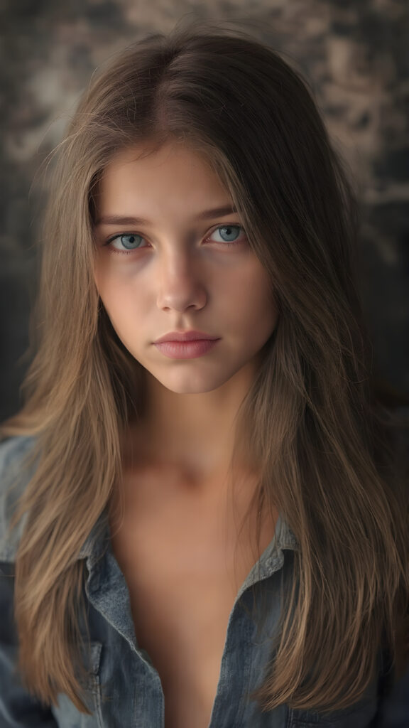 A stunning image featuring a beautiful young girl with long, rich brown hair and luscious dark eyes. Her skin has a warm, natural glow, with perfectly defined facial features and a subtle, sun-kissed complexion. She wears a denim shirt that skillfully accentuates her toned physique. The model poses confidently that exudes elegance and poise. Set against a soft, black background adorned with hints of subtle textures, the scene is bathed in warm, golden hues, highlighting the intricate details and bold color palette of the artwork.