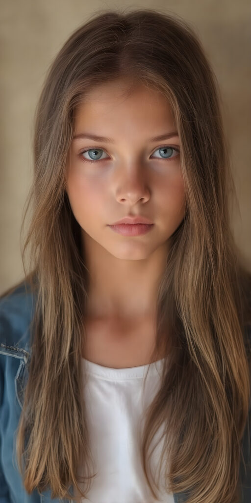 A stunning image featuring a beautiful young girl with long, rich brown hair and luscious dark eyes. Her skin has a warm, natural glow, with perfectly defined facial features and a subtle, sun-kissed complexion. She wears a blue open jacket, the jacket is open, underneath she wears a t-shirt that skillfully accentuates her toned physique. The model poses confidently that exudes elegance and poise. Set against a soft, natural background adorned with hints of subtle textures, the scene is bathed in warm, golden hues, highlighting the intricate details and bold color palette of the artwork.