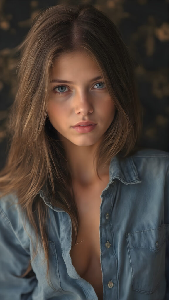 A stunning image featuring a beautiful young girl with long, rich brown hair and luscious dark eyes. Her skin has a warm, natural glow, with perfectly defined facial features and a subtle, sun-kissed complexion. She wears a denim shirt that skillfully accentuates her toned physique. The model poses confidently that exudes elegance and poise. Set against a soft, black background adorned with hints of subtle textures, the scene is bathed in warm, golden hues, highlighting the intricate details and bold color palette of the artwork.