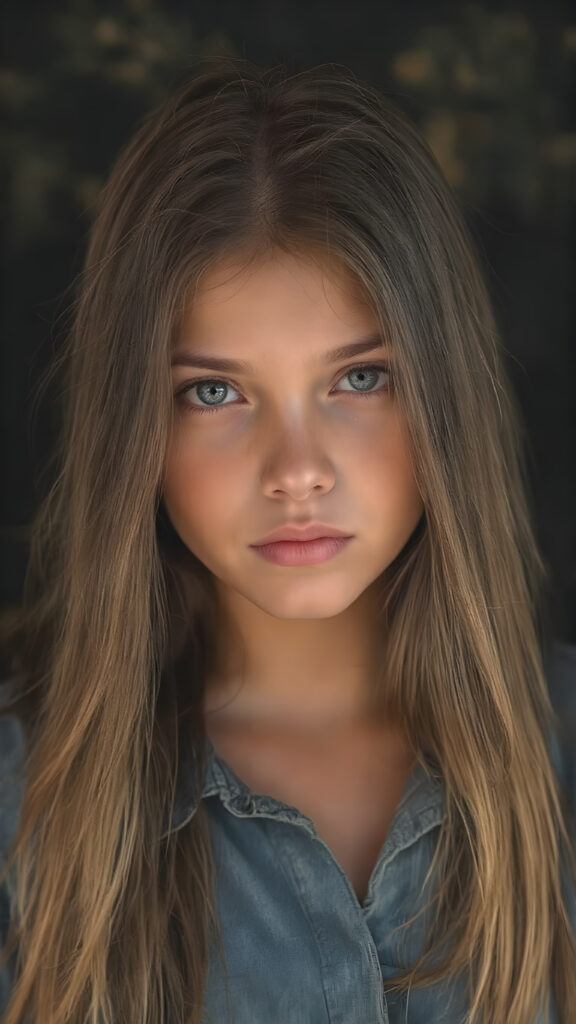 A stunning image featuring a beautiful young girl with long, rich brown hair and luscious dark eyes. Her skin has a warm, natural glow, with perfectly defined facial features and a subtle, sun-kissed complexion. She wears a denim shirt that skillfully accentuates her toned physique. The model poses confidently that exudes elegance and poise. Set against a soft, black background adorned with hints of subtle textures, the scene is bathed in warm, golden hues, highlighting the intricate details and bold color palette of the artwork.