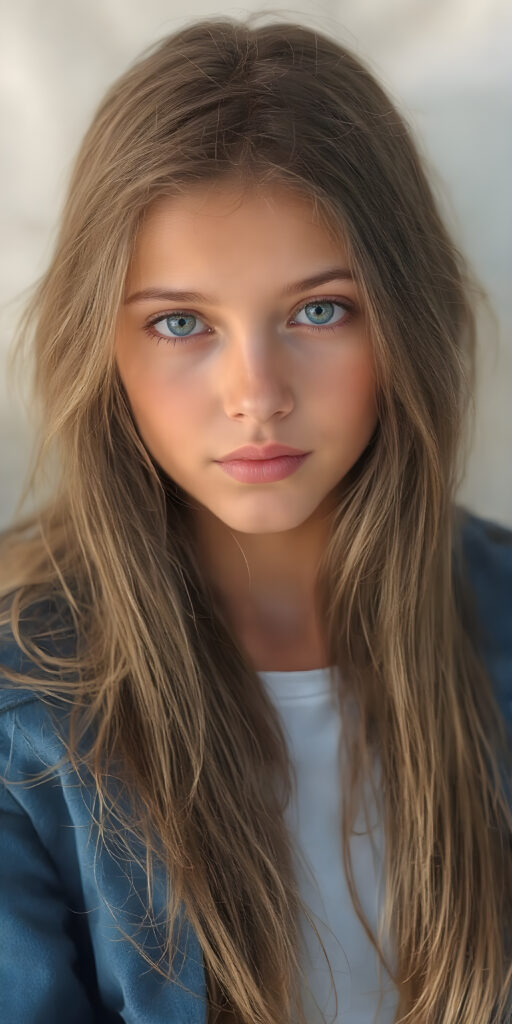 A stunning image featuring a beautiful young girl with long, rich brown hair and luscious dark eyes. Her skin has a warm, natural glow, with perfectly defined facial features and a subtle, sun-kissed complexion. She wears a blue open jacket, the jacket is open, underneath she wears a t-shirt that skillfully accentuates her toned physique. The model poses confidently that exudes elegance and poise. Set against a soft, natural background adorned with hints of subtle textures, the scene is bathed in warm, golden hues, highlighting the intricate details and bold color palette of the artwork.