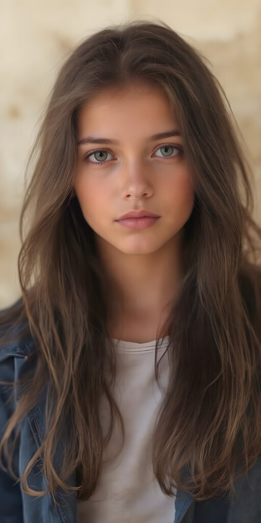 A stunning image featuring a beautiful young girl with long, rich brown hair and luscious dark eyes. Her skin has a warm, natural glow, with perfectly defined facial features and a subtle, sun-kissed complexion. She wears a blue open jacket, the jacket is open, underneath she wears a t-shirt that skillfully accentuates her toned physique. The model poses confidently that exudes elegance and poise. Set against a soft, natural background adorned with hints of subtle textures, the scene is bathed in warm, golden hues, highlighting the intricate details and bold color palette of the artwork.