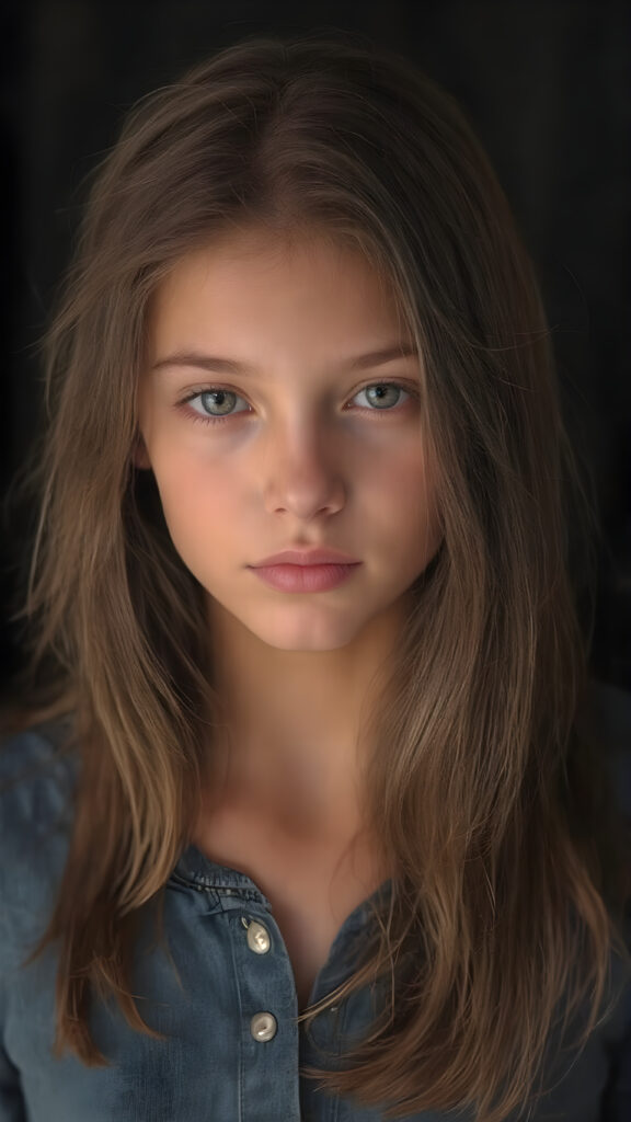 A stunning image featuring a beautiful young girl with long, rich brown hair and luscious dark eyes. Her skin has a warm, natural glow, with perfectly defined facial features and a subtle, sun-kissed complexion. She wears a denim shirt that skillfully accentuates her toned physique. The model poses confidently that exudes elegance and poise. Set against a soft, black background adorned with hints of subtle textures, the scene is bathed in warm, golden hues, highlighting the intricate details and bold color palette of the artwork.